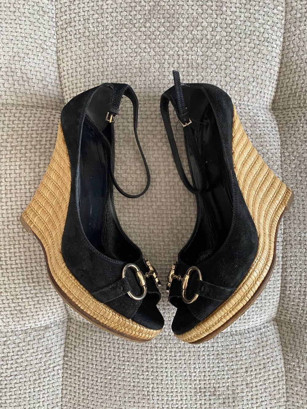 Gucci Black Suede Horsebit Wedge Espadrille Platform Sandals - Picture 7 of 16